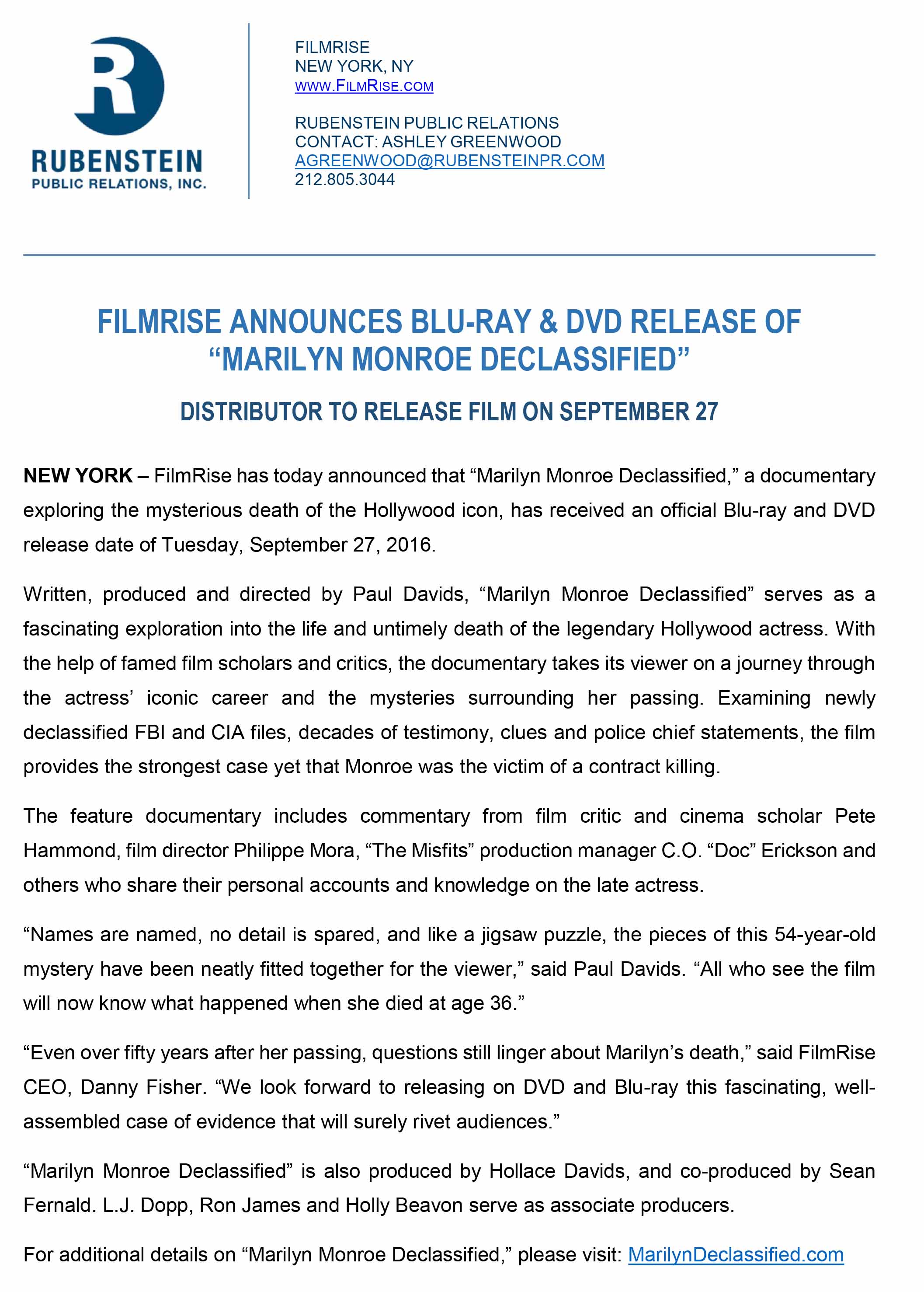 FilmRise Marilyn Monroe Declassified Press Release 2 1